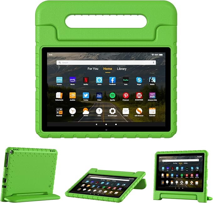 Kids Case for Kindle Fire HD 10 or 10 Plus 13th/11th Generation (2023/2021 Release) Shockproof Lightweight Protective Cover with Portable Handle Stand for Boys Girls Green