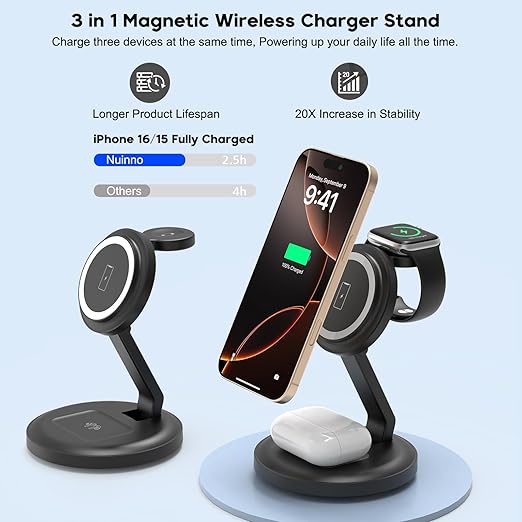 3 in 1 Foldable Wireless Charger iPhone Charging Station 2Pack Magnetic Stand Wireless Charger Dock for Apple Multple Devices with PD Adapter and USB C Cable for iPhone iWatch &amp Airpods All Ser