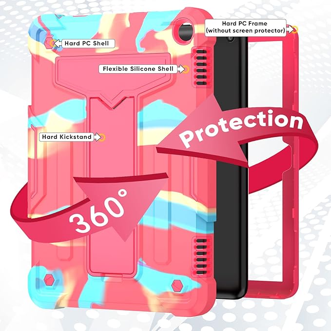 Shockproof Case for Fire HD 8 2024 2022 (12th Generation) Techcircle Heavy Duty 3-Layer Bumper Defender Rugged Case with Multi-Angle Kickstand Hybrid Cover for HD 8/8 Plus 2022/2024 Camo Rose