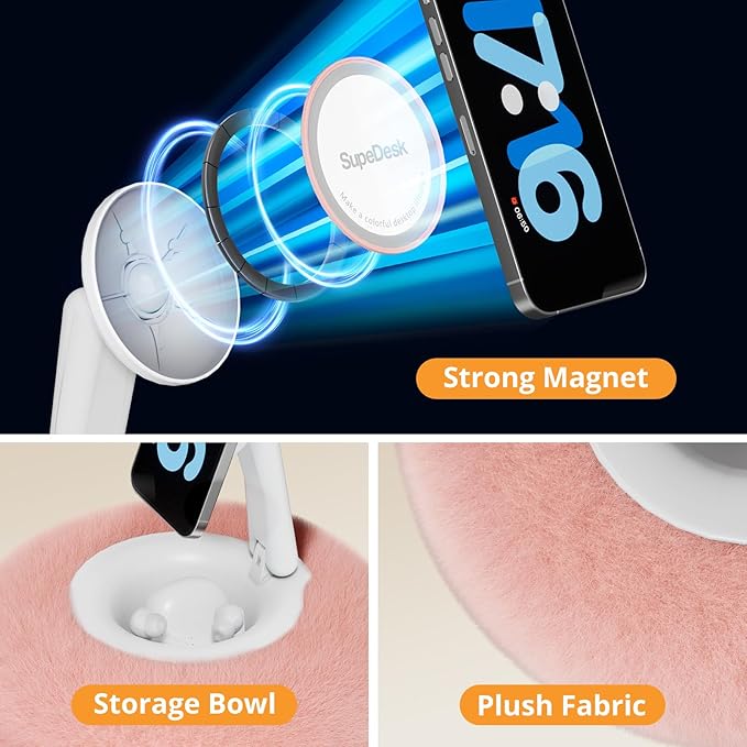 Magnetic Phone Pillow Stand Phone Holder for BedLapDesk Cozy Pillow Stand with Snack Bowl and 2 Magnetic Rings Compatible with 3.5-7 iPhoneE-Reader Kindle Pink