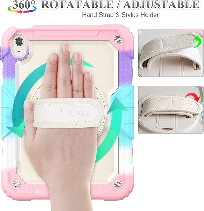SEYMAC stock Case for iPad (A16) 11th/10th Generation 11''/10.9'' 2025/2022 Full-Body Drop Protection Case with Screen Protector &amp360° Rotate Hand Strap/Stand Yellowish+Pink