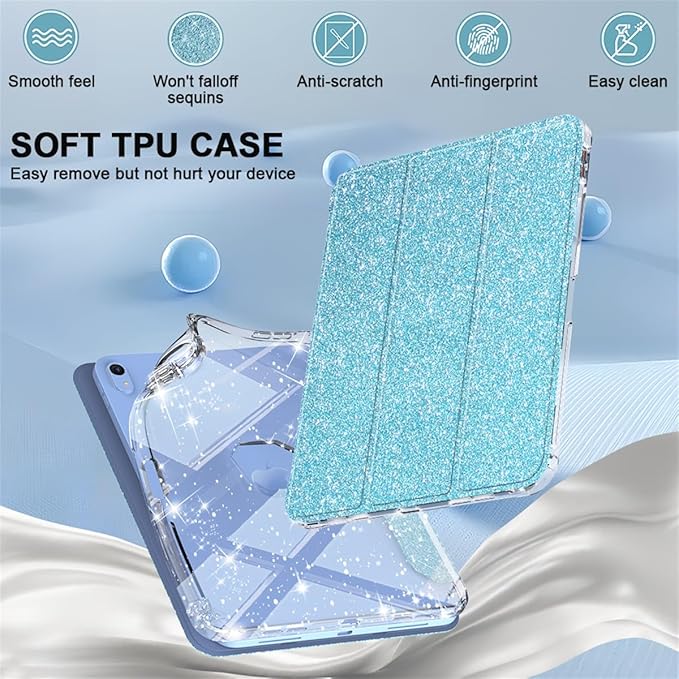 Case for iPad (A16) 11th Generation 11 inch 2025 &amp iPad 10th Generation 10.9 inch 2022 with Stand/Pencil Holder [Auto Wake/Sleep] Glitter Bling PU Leather &amp Clear Soft TPU Back Shell Blue