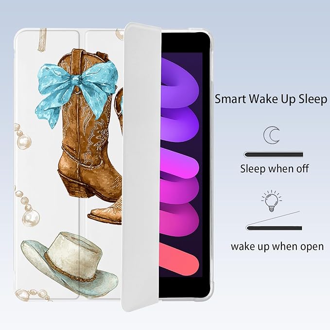 Cute Cowboy Boots Bow Hat for iPad 5th/6th Generation Case with Pencil Holder Auto Sleep/Wake White Leather Soft TPU Back Cover for iPad 9.7 Inch