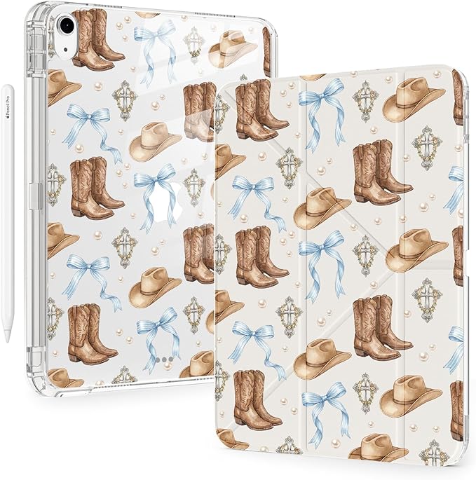 Cute Western Cowboy Bow for iPad Air5/Air4 Case with Pencil Holder Auto Sleep/Wake White Leather Acrylic Back Detachable Cover for iPad 10.9 Inch 2022/2020