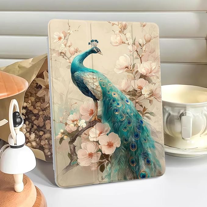 Aesthetic Flower Peacock Case for Ipad Pro 13 Inch M4 2024 Gorgeous Floral Bird Cover Chic Shell Auto Sleep/Wake Anti-Slip Shockproof Cover with Clear Back &amp Pencil Holder(Girls Women)