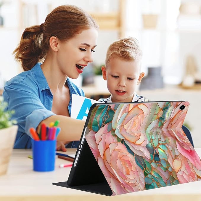 Compatible with iPad Air 13 inch Case (M3 2025 /M2 2024)/12.9 inch Case (6th/5th/4th/3rd 2022/2021/2020/2018) with Pencil HolderAuto Wake/Sleep Protect CoverBlooming Pink Rose