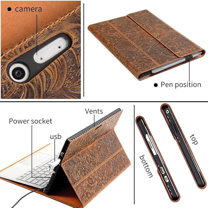 Gexmil Case for Surface 13 InchPRO8 2021 Genuine Leather Cover with Built-in Pencil HolderCowhide Folio Cover Anti Fingerprint Anti SlipFlower Brown