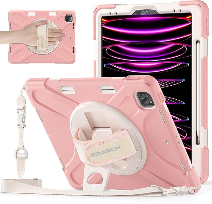BRAECNstock Case for Apple iPad Air 13 inch (M4/M3/M2)/ iPad Pro 12.9 inch 6th/5th/4th/3rd Gen Shockproof Protective Case with Pen Holder 360° Rotating Stand &amp Hand Strap Shoulder Strap Rose G