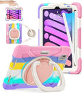 BATYUE Case for iPad Mini 7 A17 Pro 2024/iPad Mini 6 2021 8.3 Inch with Pencil Holder 360 Rotating Stand Shoulder Strap Handle Grip Shockproof Rugged Case for iPad Mini 7th/6th Gen Colourful Pink