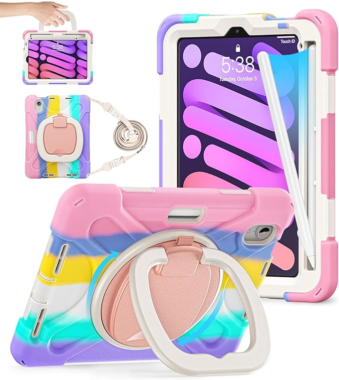 BATYUE Case for iPad Mini 7 A17 Pro 2024/iPad Mini 6 2021 8.3 Inch with Pencil Holder 360 Rotating Stand Shoulder Strap Handle Grip Shockproof Rugged Case for iPad Mini 7th/6th Gen Colourful Pink