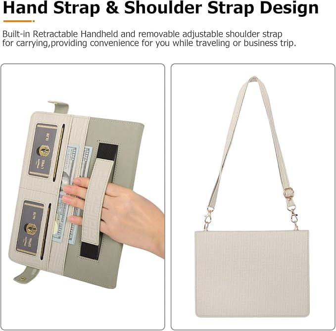 Dteck Handbag Case for iPad 9th/8th/7th Generation 2021/2020/2019 10.2 Inch with Pencil Holder Folio Stand PU Leather Crossbody Shoulder Hand Strap Card Pockets Magnetic Envelope Wallet CoverBeige