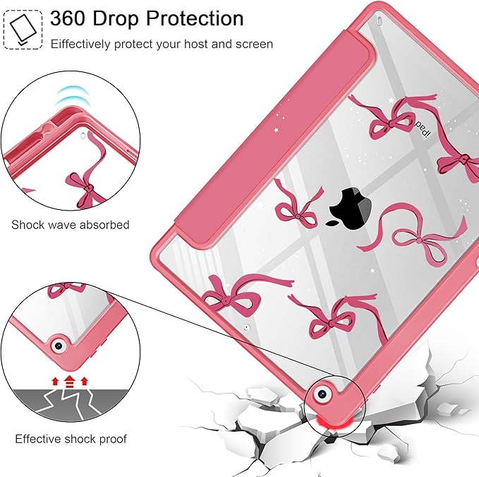 May Chen for iPad 9th Generation with Pencil Holder iPad 8th/7th Gen Case 10.2-inch [Penceil Holder] Trifold Stand Auto Wake/Sleep Clear TPU Protection Back Cover Watermelon red Bow