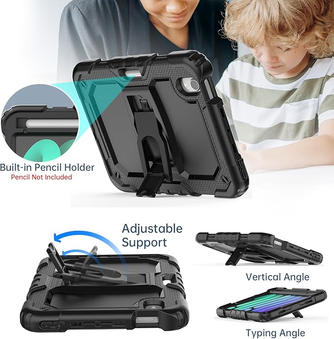 Timecity Case for iPad mini 7/6-8.3 inch for iPad mini 7th/6th Generation Case: Full-Body Shockproof Protective with Built-in Screen Protector Foldable Kickstand Pencil Holder- Black