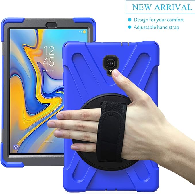 Rugged Case for Samsung Galaxy Tab A 10.5 2018 (SM-T590/T595/T597) Portable Hybrid Shock-Proof Cover with 360° Rotatable Hook&ampLoop HandleShoulder Strap (Blue)
