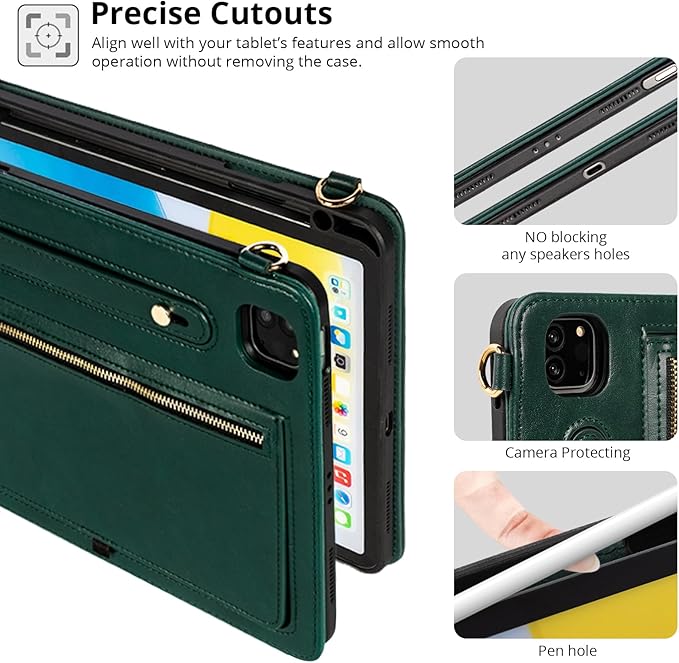 Dteck Case for iPad Air 13 inch M2 2024/iPad Pro 12.9 Case 6th/5th/4th/3rd Generation 2022/2021/2020/2018Premium PU Leather Shockproof Protective Case Zipper Pocket Strap Soft TPU Back CoverGreen