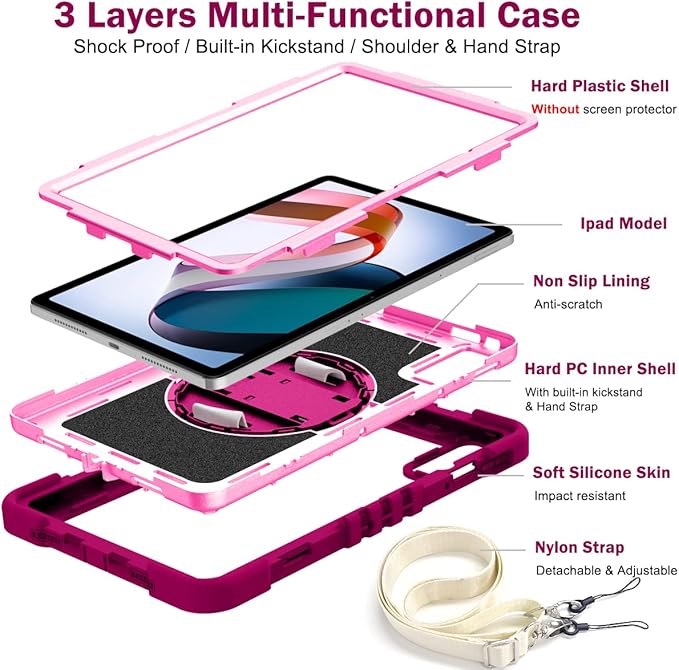 Tablet Case for Xiaomi Redmi Pad 10.61 inches 22081283G Tablet Shockproof Cover with 360° Rotating Stand and Wrist Strap Shoulder Strap Red Rose+Pink