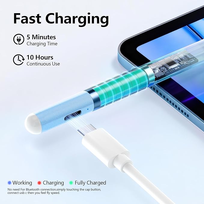 Stylus Pen for iPad 6th-11th Generation-2X Fast Charge Active Pencil Compatible with 2018-2025 Apple iPad Pro 11/12.9/M4 iPad Air 3/4/5/M2/M3iPad mini 5/6 Gen-White Blue
