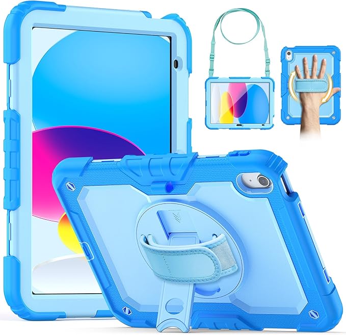 Kids Case for iPad (A16) 11th/10th Generation 11''/10.9'' 2025/2022: Shockproof Protective Case with Hand/Shoulder Strap Pencil Holder Rotate Stand Screen Protector
