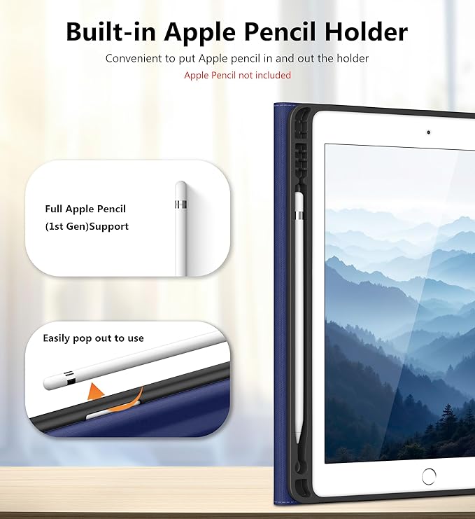 DTTO for iPad 6th / 5th Generation 9.7 Inch (2018/2017) iPad Air 2 / Air 1 Case 360 Degree Rotating Premium Leather Folio Stand Cover with Pencil Holder Navy Blue
