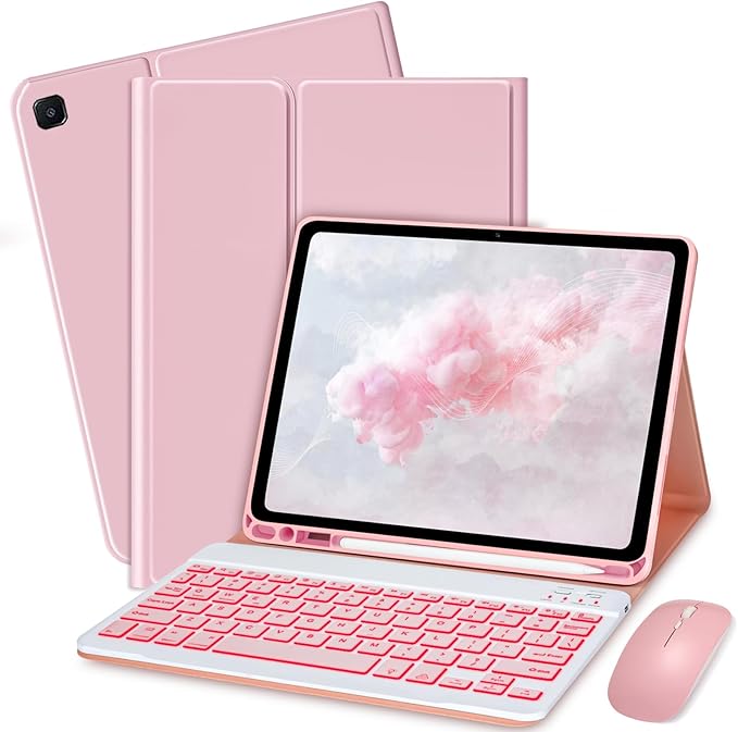 Keyboard Case for Amzaon Fire HD 10/10+ Plus (11/13th Generation) Case with Keyboard - 7 Colors Backlit Keyboard Protective Case and Mouse (Pink)