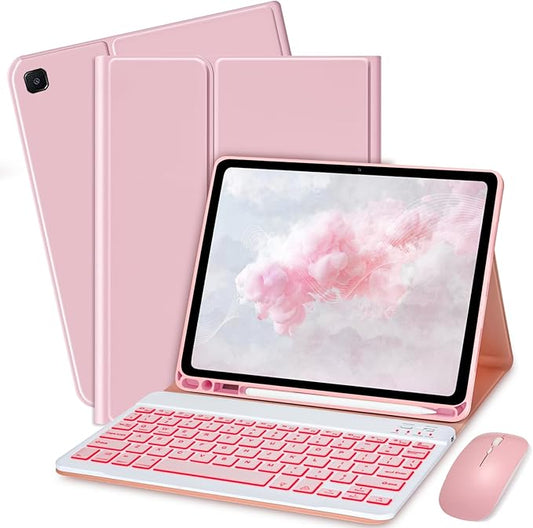 Keyboard Case for Amzaon Fire HD 10/10+ Plus (11/13th Generation) Case with Keyboard - 7 Colors Backlit Keyboard Protective Case and Mouse (Pink)