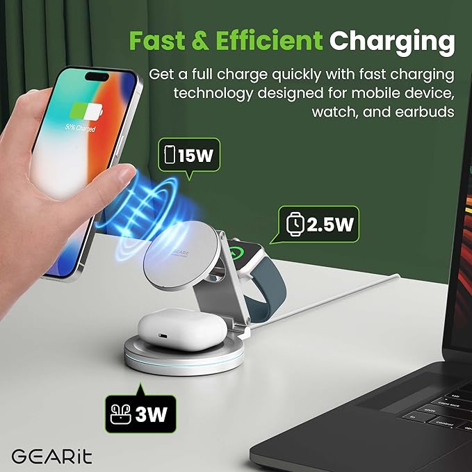 GEARit 3-in-1 Wireless Charging Station - Magsafe Compatible Charger Stand for Phone Watch Earbuds iPhone 14 15 16 16 Pro Pro Max Apple Watch Airpods Samsung Galaxy and Multiple Devices