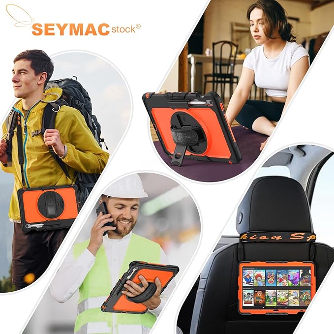 SEYMAC stock Case for Samsung Galaxy Tab S10 FE+ Plus 5G Tablet Case 13.1'' Protective with Screen Protector Pen Holder 360 Rotate Stand Hand Strap Shoulder Strap BlackOrange