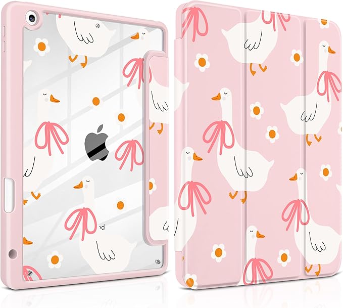 MEEgoodo Case for iPad 10.2 inchTablet Cases for iPad 9th Generation 2021/8th Gen 2020/7th Gen 2019 with Clear Acrylic Back Shell+Pencil Holder+Auto Wake/Sleep+Trifold StandGoose Farm &amp Bows