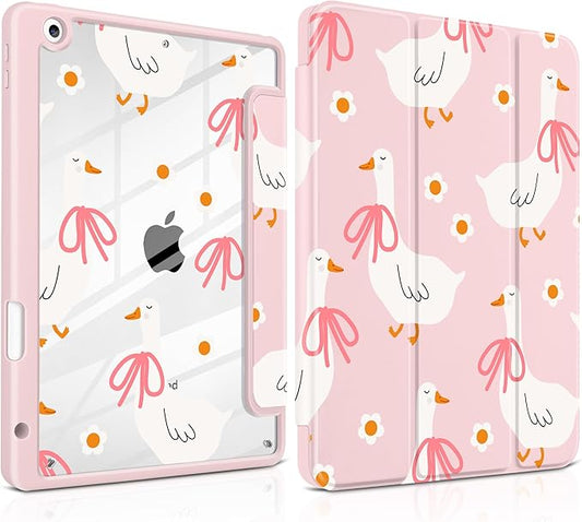 MEEgoodo Case for iPad 10.2 inchTablet Cases for iPad 9th Generation 2021/8th Gen 2020/7th Gen 2019 with Clear Acrylic Back Shell+Pencil Holder+Auto Wake/Sleep+Trifold StandGoose Farm &amp Bows
