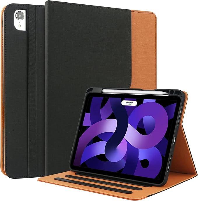 for iPad Air 5th/4th Generation Case 2022/2020 for iPad Air 10.9 Inch Case Cover with Built-in Pencil Holder and Hand Strap Auto Sleep/Wake Multiple Viewing Angles for iPad Air 5/4 Gen Black/Brown