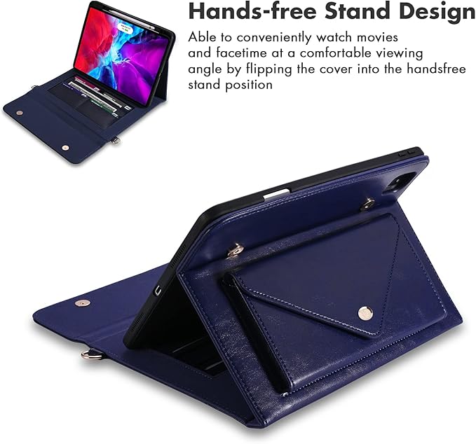 Dteck Business Flip Stand Cover for iPad Pro 11 Inch 4th/3rd Gen iPad Air 4th Gen PU Leather Pencil Holder Zipper Pocket Strap Protective Wallet Case Blue