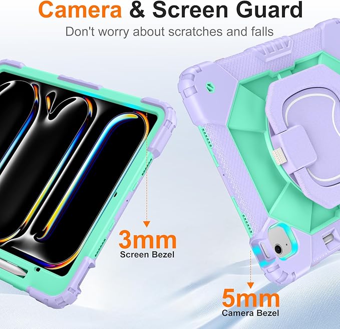 Case for iPad Pro 13 Inch M5 2025 / M4 2024 Auorld for iPad Pro 13 Inch M5 2025 with Screen Protector 360 Degree Rotating Stand Shoulder Strap Pencil Holder Purple Mint