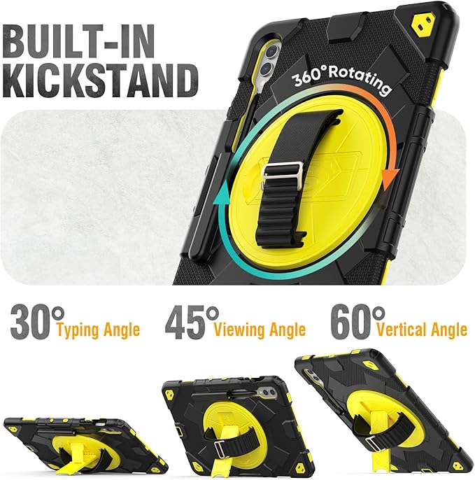 HXCASEAC Case for Samsung Galaxy Tab S10+ Plus / S9 Fe+ / S9+ 5G 12.4 inch Protective with Screen Protector/S Pen Holder/ 360 Rotating Stand Hand Strap - Yellow