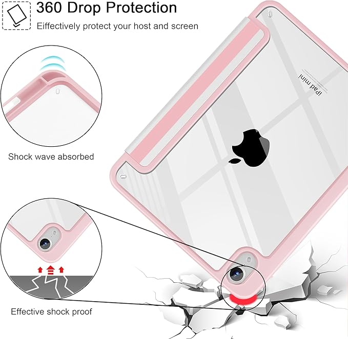 May Chen Slim Case for iPad mini 7 (A17 Pro 7th Generation) 2024 / iPad mini 6 (6th Gen) 8.3 Inch [Built-in Pencil Holder] Shockproof Cover Clear Clear Back Shell Auto Wake/Sleep Pink Stripes