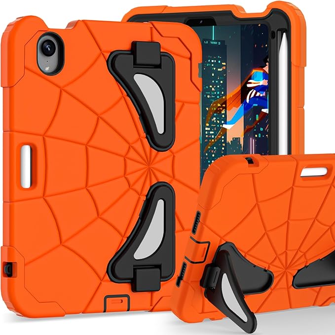 Kids Case for iPad mini 7 A17 Pro 2024/ Mini 6 8.3 inch Spider Case for iPad mini 7th 6th Generation Shockproof Durable Full Protective Cover with Pencil Holder Kickstand (Orange+Black)