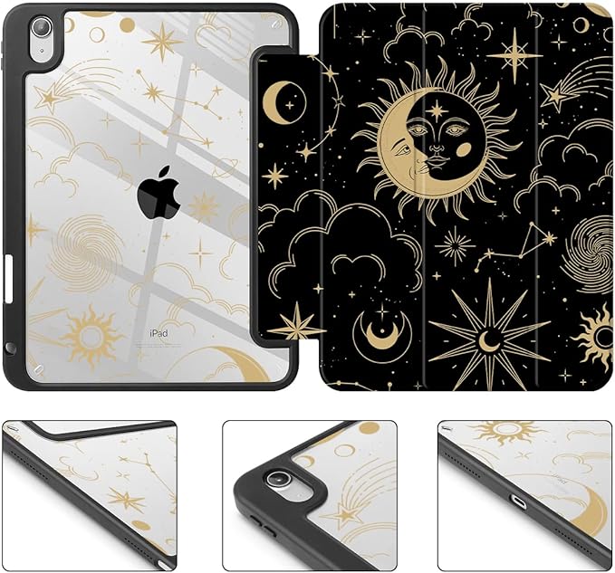 Tuiklol Compatible with iPad 10th Generation Case 2022 10.9 Inch Buit in Pencil Holder with Shockproof Cover Clear Transparent Back Shell Auto Wake/Sleep with Model A2757 A2777 A2696 Moon and Star