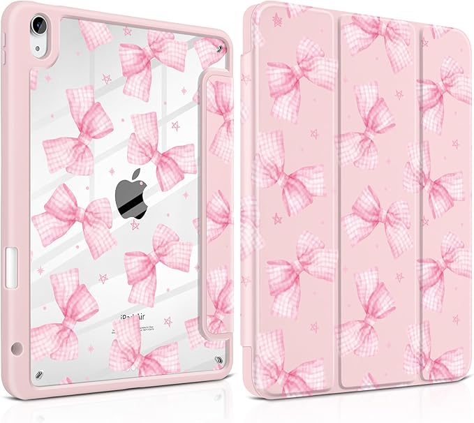 DONGKE Case for iPad Air 11-inch M4 2026 &amp M3 2025 &amp M2 2024 iPad Air 5th/4th Generation 10.9 2022/2020 [Built-in Pencil Holder] Clear Acrylic Back Trifold Stand Smart Cover Gingham Bows