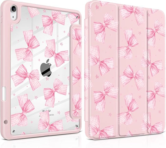 DONGKE Case for iPad Air 11-inch M4 2026 &amp M3 2025 &amp M2 2024 iPad Air 5th/4th Generation 10.9 2022/2020 [Built-in Pencil Holder] Clear Acrylic Back Trifold Stand Smart Cover Gingham Bows