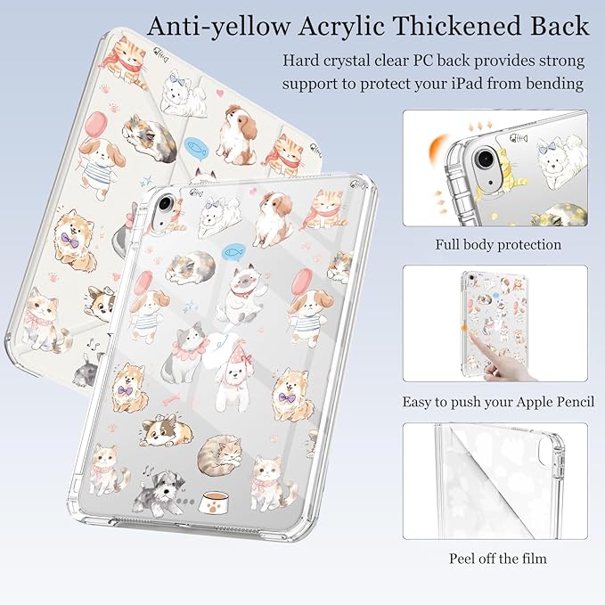 Cute Kawaii Puppy Kitten for iPad Pro 11 Inch Case (M5/M4) 2025/2024 with Pencil Holder Auto Sleep/Wake White Leather Acrylic Back Detachable Cover