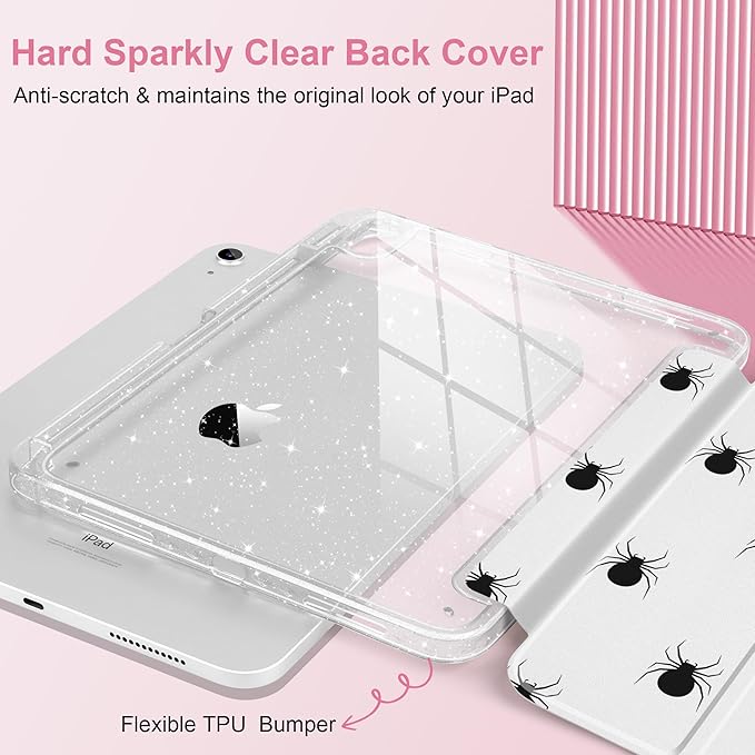 MEEgoodo Case for iPad A16 11th Generation 2025/10th Generation 2022 Glitter Tablet Cases with Transparent Acrylic Back+Trifold Stand +Pencil Holder+Auto Wake/SleepSpider Pattern