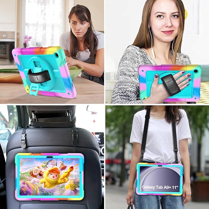 AVAWO Case for Samsung Galaxy Tab A9+ Plus 11 inch 2023 with 360° Swivel Handle Strap Cover with Lanyard Colorful Teal