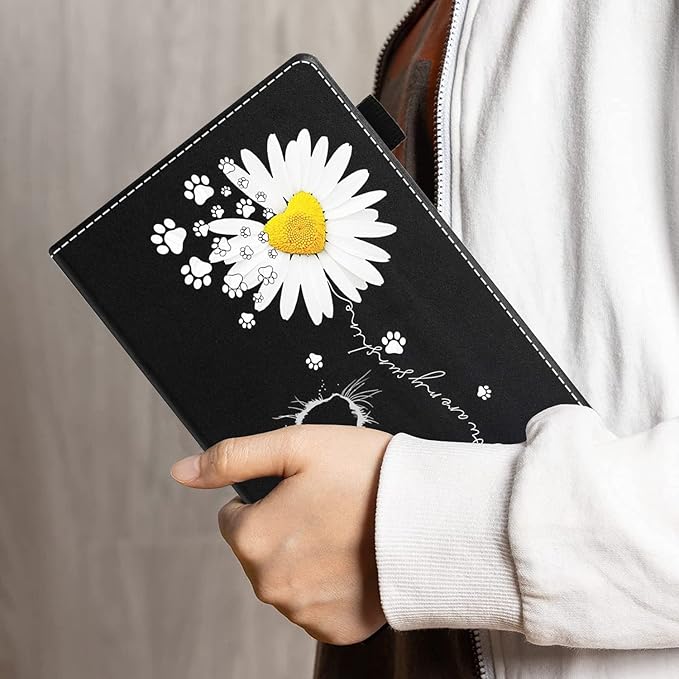 Case for All-New Amazon Kindle Fire 7 Tablet (7 12th Generation 2022 Release) Latest Model - PU Leather Folio Case with Smart Auto Wake/Sleep Cat and Daisy Flower