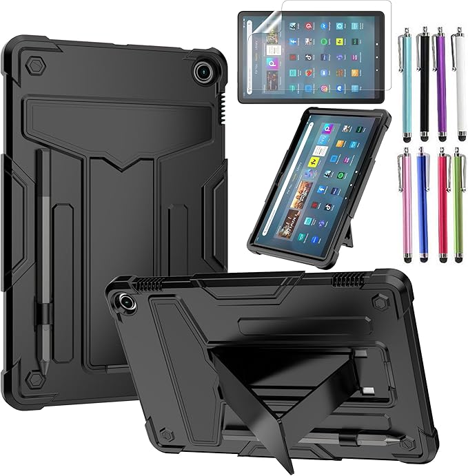 Case for Amazon Fire Max 11 (13th Generation 2023 Released) - Heavy Duty Hybrid Protective Case Cover with Kickstand + 1 Screen Protector and 1 Random Stylus (Black/Black)