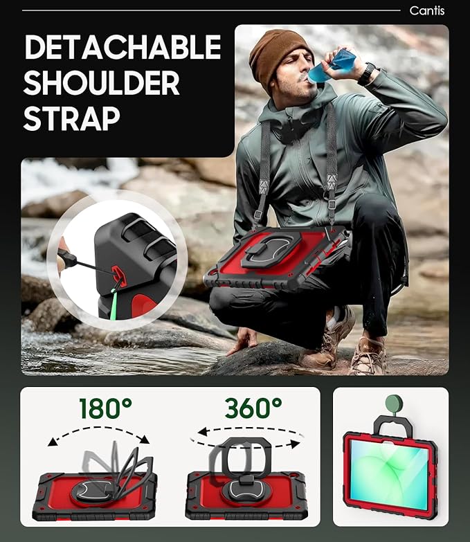 Cantis Case for Samsung Galaxy Tab A11 Plus 11 Inch 2026 (SM-X230/X236/X238) Shockproof Case for Tab A11+ with Screen Protector/Rotating Stand/Pen Holder/Shoulder Strap Black+Red