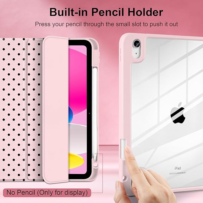 Case for iPad A16 11th Generation 11 inch 2025 iPad 10th Generation 10.9 inch 2022 -[Built-in Pencil Holder] Shockproof Clear Hard Back Trifold Stand Auto Wake/Sleep Pink Polka dot