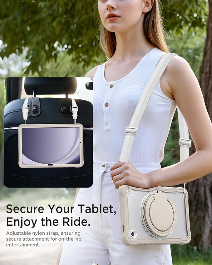 Miimall Case for Galaxy Tab A11 8.7 Inch 2025 with 360 Rotating Stand Bulit-in Shoulder Strap Shockproof Rugged Kids Friendly Shell Stylus Holder Cover for Samsung Galaxy A11 Tablet Khaki Clear