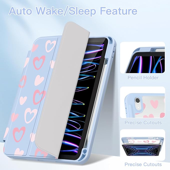 Teryeefi Case for iPad (A16) 11th Generation 11 inch (2025) &amp iPad 10th Generation 10.9 inch (2022) with Pencil Holder-[Auto Wake/Sleep] Premium Stand Case with Clear Back Cover Heart Blue