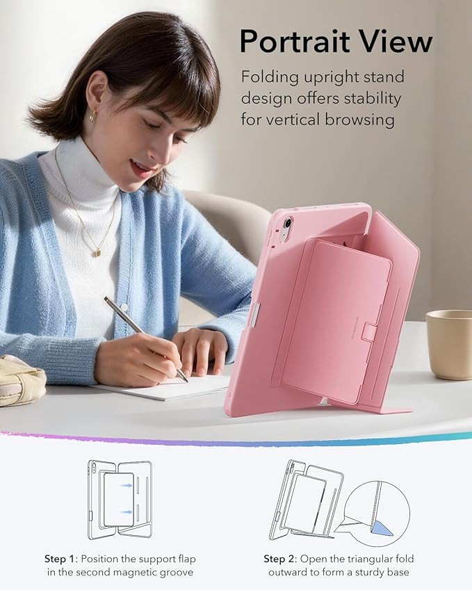 ESR for iPad Air 11 Inch Case M4/M3/M2 (2026/2025/2024) iPad Air 5th/4th Gen Case (2022/2020) Vertical Stand Cover Multi Stand Angles Ultra-Stable Cover with Pencil Holder Flip Series Pink