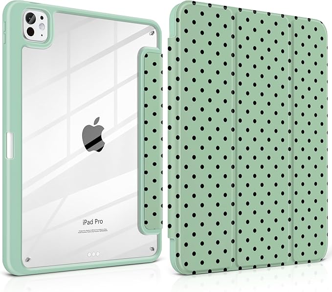 Case for iPad Pro 11 Inch (M5 2025 M4 2024) – [Built-in Pencil Holder] Shockproof &amp Stylish Clear Hard Back + Soft TPU Edge Magnetic Trifold Stand Auto Wake/Sleep Green Polka dot