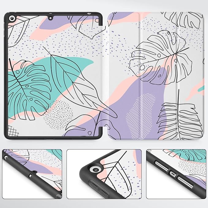 Mektron Designed Printed iPad 10.2 Case 9th Gen (2021)/ 8th Gen (2020)/ 7th Gen (2019) with Pencil Holder Slim Stand Protective Case with Soft TPU Back for iPad 10.2 Inch Tropical Leaves